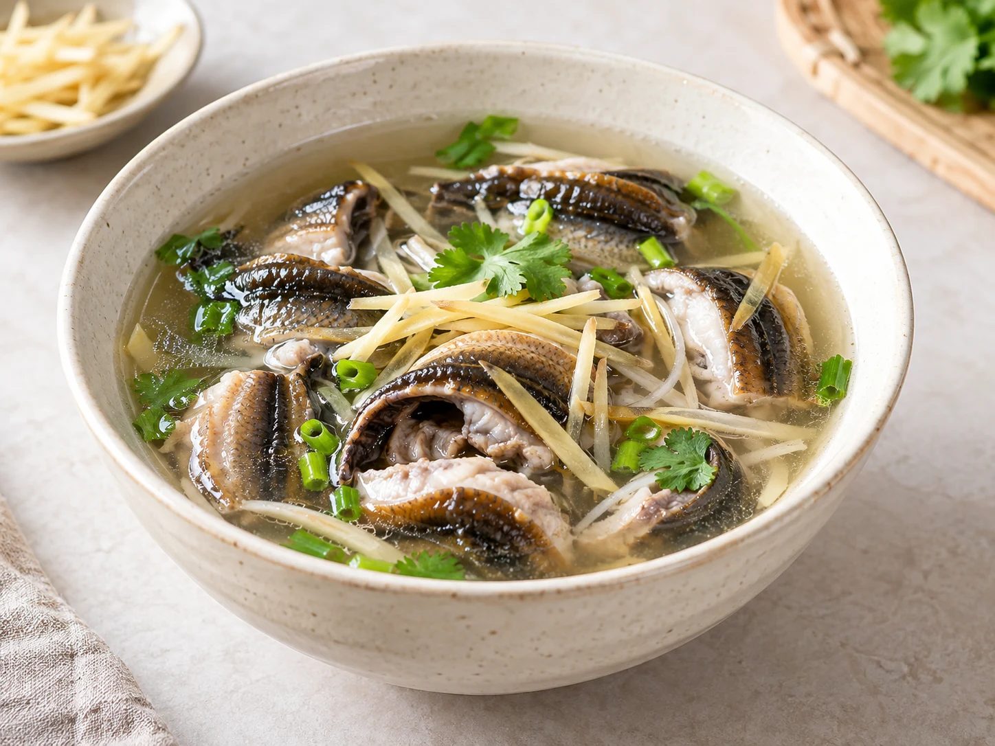 加入薑絲與香草的鰻魚清湯料理情境